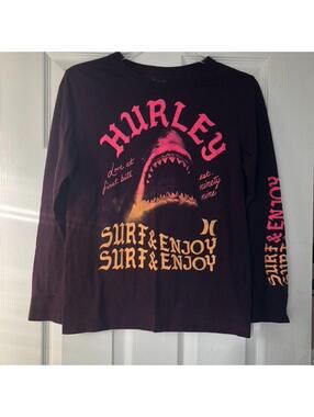 Hurley Youth Long Sleeve Maroon Tshirt Shark Surf & Enjoy Graphic Size L 12-13YR